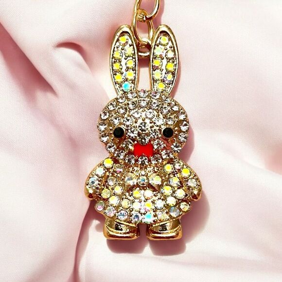 White and Iridescent Crystal Bunny Gold Tone Keychain - Picture 3 of 3
